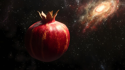 A whole pomegranate with a vibrant red exterior, its crown illuminated by a distant star, floats against a cinematic black background filled with swirling nebulae. Cinematic. Illustration