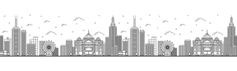 Seamless pattern with outline Melbourne Australia City Skyline with Modern and Historic Buildings Isolated on White. Melbourne Cityscape with Landmarks.