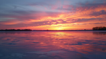 Fototapeta premium A serene icy lake at sunset, the deep reds and oranges of the sky reflected on the smooth surface of the ice