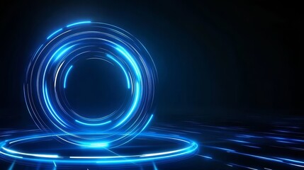 Abstract glowing circles with stripes create intricate designs against a dark blue backdrop.