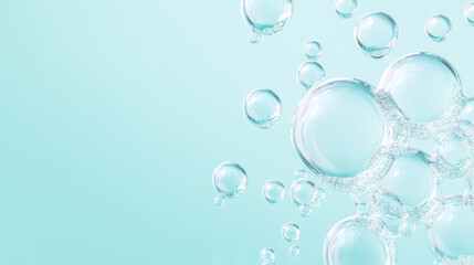 Fototapeta premium Vibrant Water Bubbles on Light Blue Surface, Illustrating H2O Chemical Formula, Capturing the Essence of Water's Molecular Structure