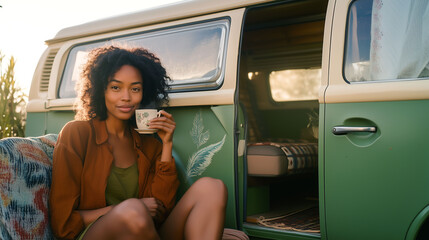 Young Black Woman Enjoying Tea by Camper Van Relaxing Outdoors