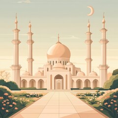 A Traditional Mosque with Minarets and a Crescent Moon in a Tranquil Garden Setting