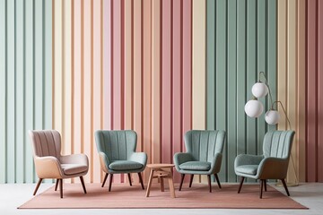 Contemporary Abstract Design featuring Soft Pastel Striped Background and Stylish Armchair Setup for Product Display