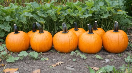 A Row of Ripe Pumpkins in a Field