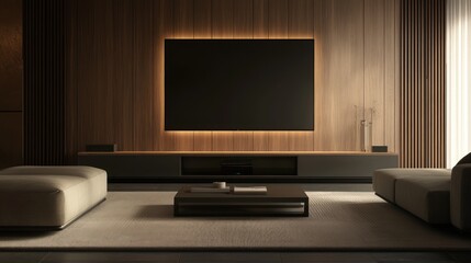 Fototapeta premium Modern Living Room with Wooden Wall and TV