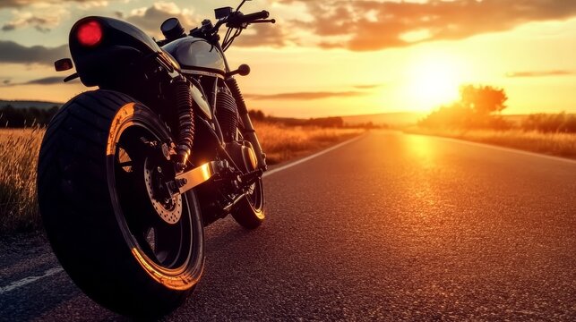 A serene sunset view featuring a motorcycle in focus.