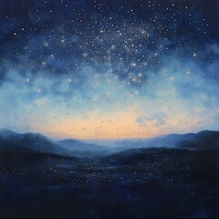 Fototapeta premium A starry night sky over a mountain range, with a soft glow of light on the horizon.