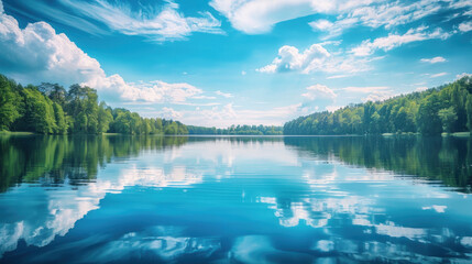 A serene lake with the blue sky reflected perfectly on the water, creating a seamless blend of water and sky