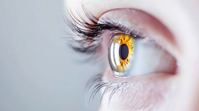 Laser vision correction procedure, close-up of a female eye during an examination, addressing astigmatism and myopia treatment.