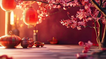 Creating a festive atmosphere during the Spring Festival at home. There is no text or logo on any item, commercial photography, generative ai
