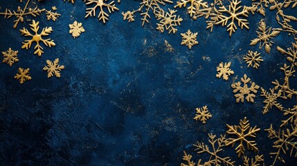 A classic holiday card with a refined gold snowflake design on a deep blue background, with open space in the center for text.