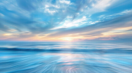 Fototapeta premium A serene sky meeting a calm ocean, the horizon blurred as the sky and water blend into soft blues