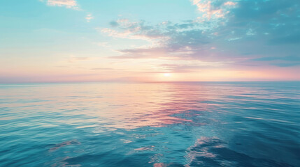 Naklejka premium A serene sky meeting a calm ocean, the horizon blurred as the sky and water blend into soft blues