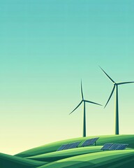 Obraz premium Wind turbines and solar panels on green hills under a clear blue sky.