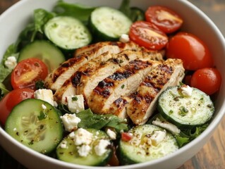 Grilled Chicken Salad with Cucumber, Tomatoes, and Feta Cheese