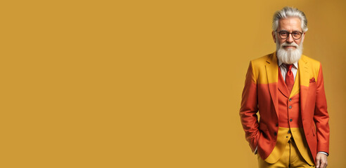 banner fashionably dressed gray-haired old smiling man with a long beard in bright glasses in a bright red colorful suit on a yellow background cinematic light with empty space for text or design