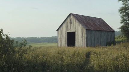 A weathered wooden barn stands alone in a field, surrounded by tall grass and trees. The barn has a rusty metal roof and an open doorway. 