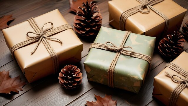 Rustic Gift Boxes with Pine Cones and Autumn Leaves