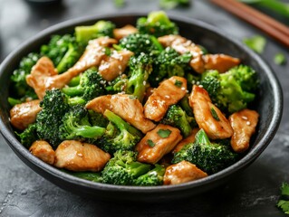 Stir-fried Chicken and Broccoli with Sesame Seeds in a Black Bowl