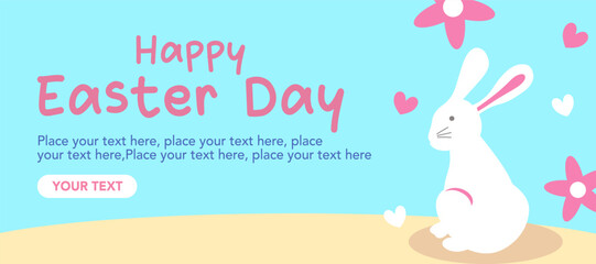 Happy Easter greeting cards, posters, holiday covers. Trendy design with typography, spring hand drawn flowers, dots and bunny in blue color background. Horizontal Modern art minimalist style.