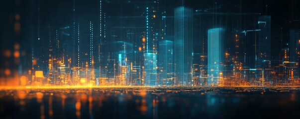 Futuristic city skyline with glowing lines and digital effects.