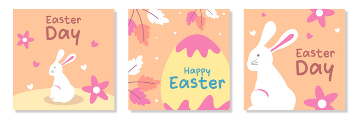 Happy Easter Set of greeting cards, posters, holiday covers. Trendy design with typography, spring hand drawn flowers, dots, eggs and bunny illustration in pastel colors. Modern art minimalist style.