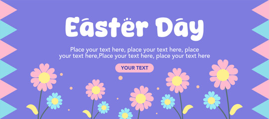 Happy Easter greeting cards, posters, holiday covers. Trendy design with typography, spring hand drawn flowers, dots vector illustration in purple color. Geometric modern art minimalist style