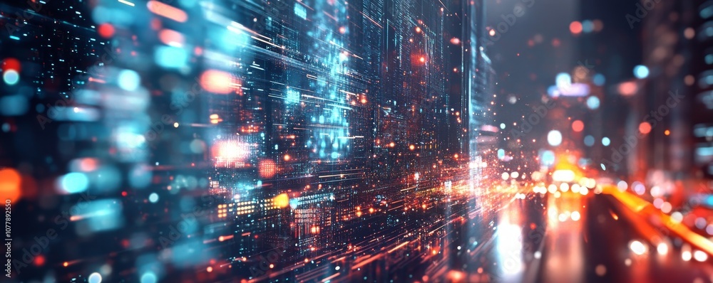 Poster abstract digital city skyline with glowing lights and data streams.