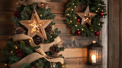 A rustic tree decorated with burlap, pinecones, and wooden stars, against a wood-paneled wall with lanterns and holly branches.