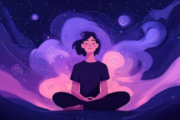A serene figure meditating amidst a cosmic background of stars and colorful swirls.