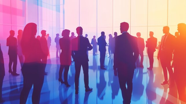 Corporate crowd showcasing teamwork and networking during a business event in a contemporary office setting. Professional and collaborative atmosphere.