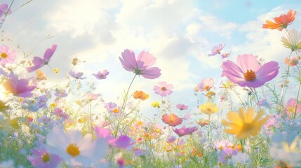 A vibrant field of colorful flowers under a bright sky, evoking a sense of tranquility.