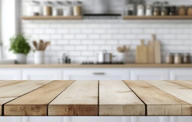 Wooden Tabletop with Blurred Kitchen Background.