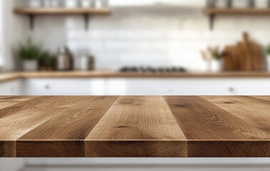 Closeup of a wooden countertop with a blurred background of a kitchen.