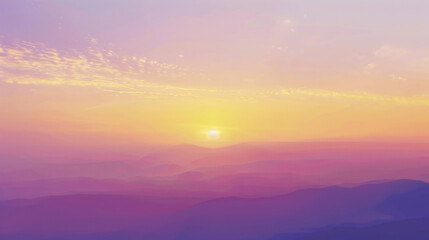 Fototapeta premium A soft evening sky with the sun setting low, casting a warm glow over the horizon, the colors shifting from gold to purple