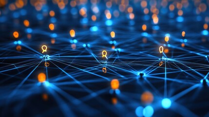 A digital network visualizing connections with glowing nodes and lines.