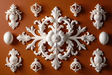 Timeless Ivory Baroque Artistry: 3D Ensemble of Charming Ornaments on an Earthy Orange Background