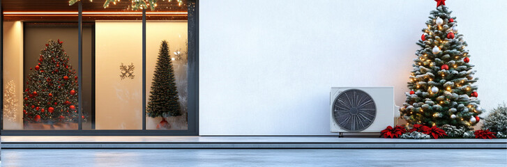 Modern AC unit outside of a home during the winter time decorated for Christmas in the day