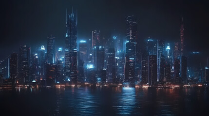 Cinematic cityscape view of a massive futuristic cyberpunk city at night crowded with glowing tall buildings. Cinematic. Illustration