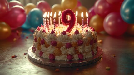 Birthday cake with nine candles and balloons in the background.