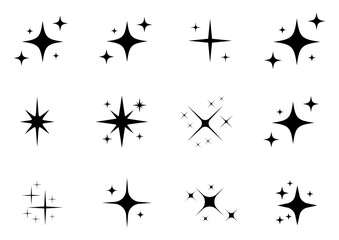 Black sparkle star vector icons collection. Star icons vector set isolated. Shine or sparkle vector set of twenty-four various stars in black color on white background. Vector illustration.