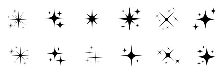 Black sparkles symbols vector icons set isolated. Shine or sparkle vector set of twelve various stars in black color on white background. Vector illustration.
