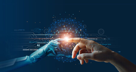 Machine learning, Hands of robot and human touching on big data network connection background, Science and artificial intelligence technology, innovation and futuristic.