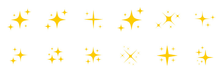 Yellow sparkles symbols vector icons set isolated. Shine or sparkle vector set of twelve various stars in yellow color on white background. Vector illustration.