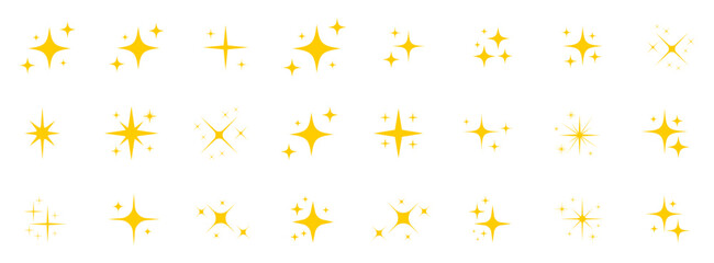 Yellow sparkle star vector icons collection. Star icons vector set isolated. Shine or sparkle vector set of twenty-four various stars in yellow color on white background. Vector illustration.