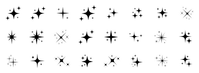 Spark star vector icons collection. Star icons vector set isolated. Shine or sparkle vector set of twenty-four various stars in black color on white background. Vector illustration.