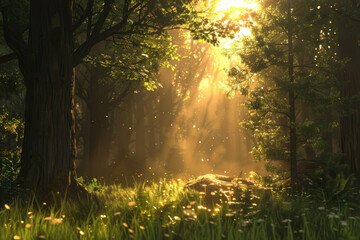 Fototapeta premium A stunning sunset in a forested landscape, with the sun casting soft light through the trees and creating a serene atmosphere.