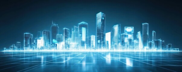 Fototapeta premium Futuristic city skyline with digital elements, representing technology and innovation.