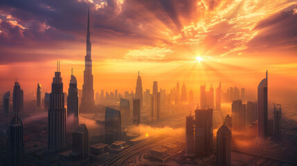 A stunning sunset over an urban skyline, the sun's rays illuminating the tall buildings and casting long shadows across the city.